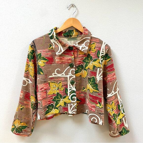 Vintage Tops - Vintage 60's 70's Unique Cropped Brown Floral Tapestry Jacket, Women's Small